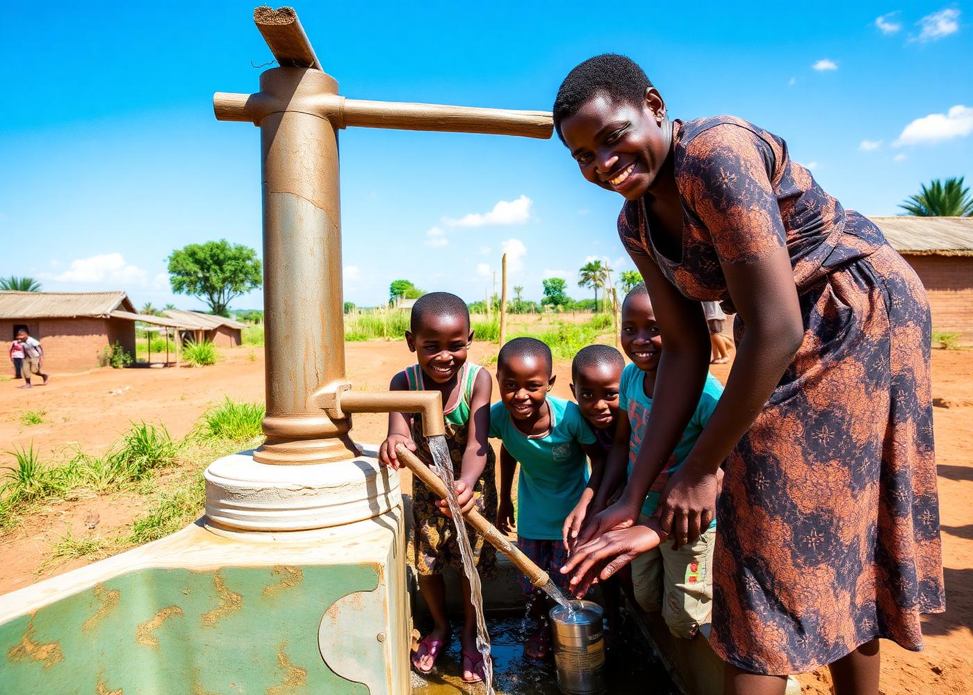 Community members collecting clean water at a village water station