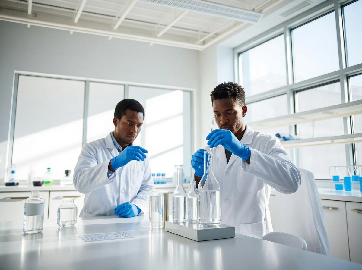 Researchers analyzing water samples in a bright modern laboratory